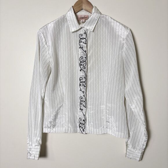 Vintage Jaclyn Smith Button Up Shirt Womens 12 White Silky Shiny Diamond Pattern - Picture 5 of 16